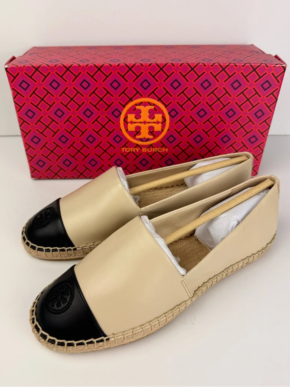 Tory Burch Colorblock Flat Espadrille Nappa Leather Shoes Dulce De Leche/Black 7